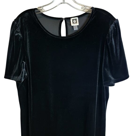 Anne Klein Black Velvet Dress Short Sleeve Sz 16 Keyhole Neck Knee Length - Picture 2 of 9